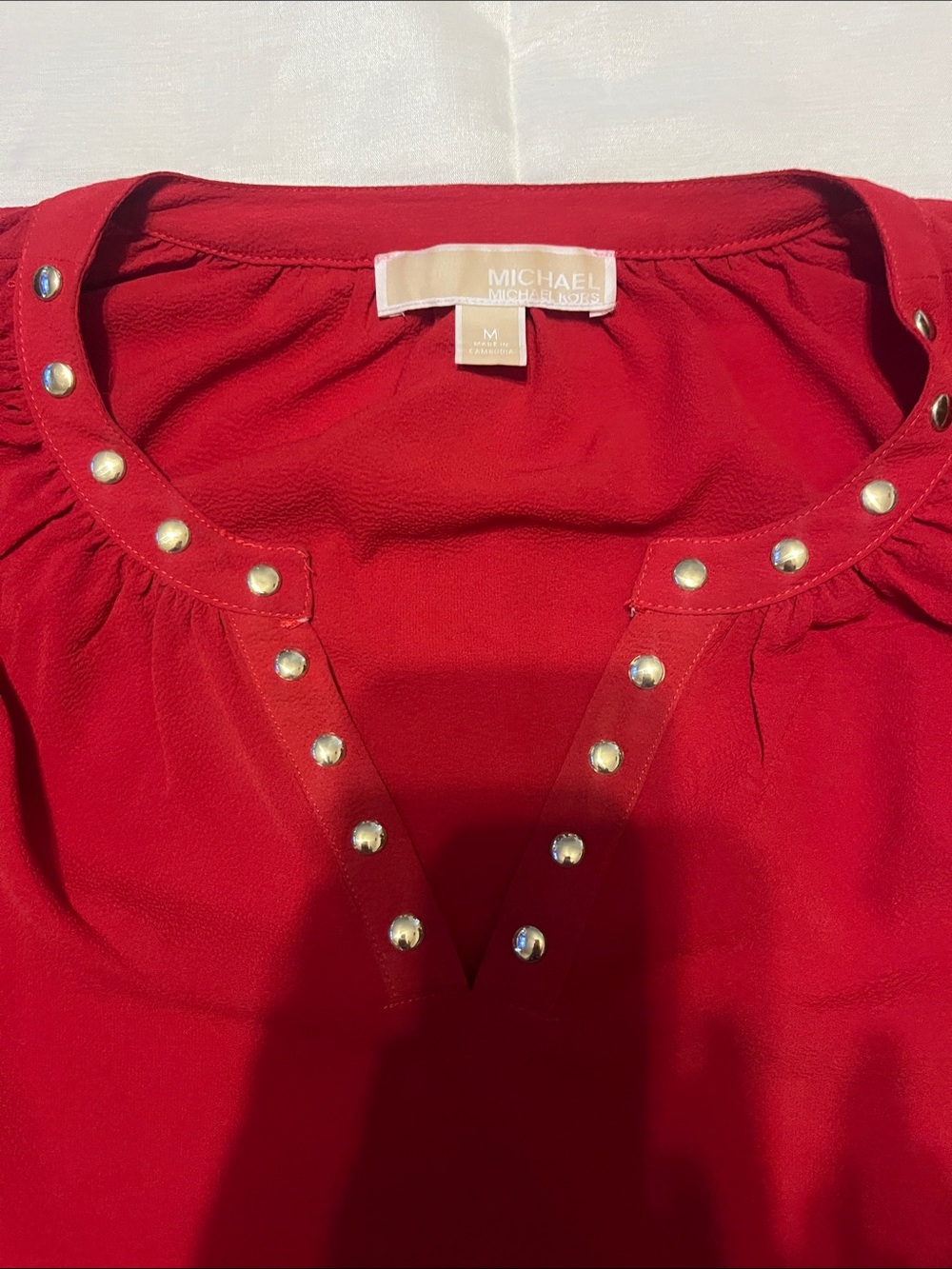 MICHAEL Michael Kors Red V-Neck Long-Sleeve Top with Stud Accents - Picture 2 of 6